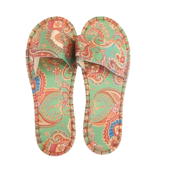 Source Unknown Shoes - Green, blue, and red paisley flat slides.